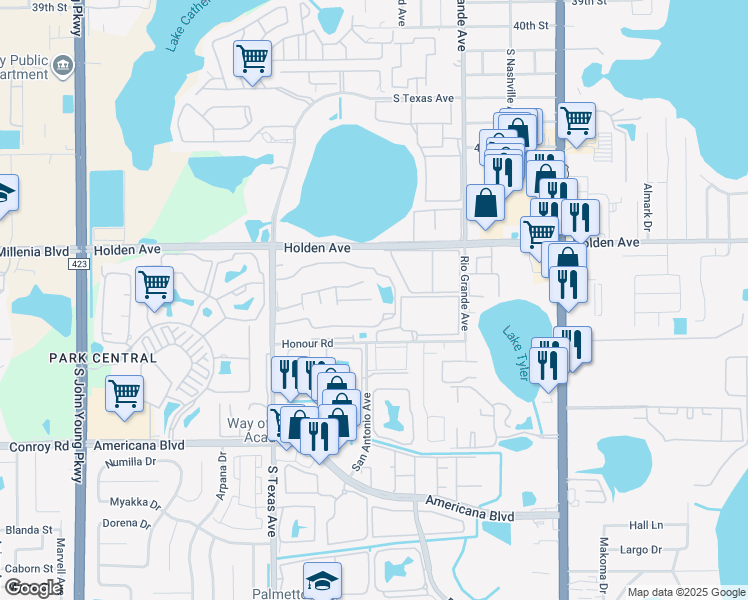 map of restaurants, bars, coffee shops, grocery stores, and more near 4767 South Texas Avenue in Orlando