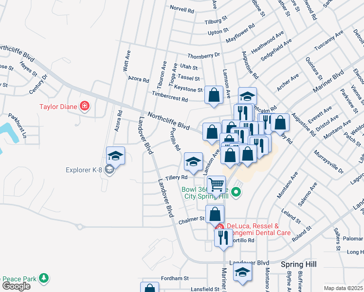 map of restaurants, bars, coffee shops, grocery stores, and more near 4200 Portillo Road in Spring Hill