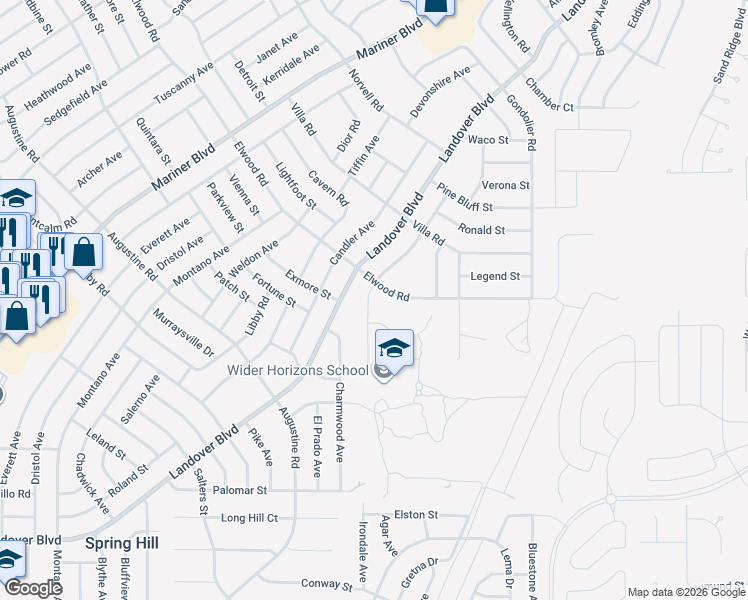 map of restaurants, bars, coffee shops, grocery stores, and more near 4379 Elwood Road in Spring Hill