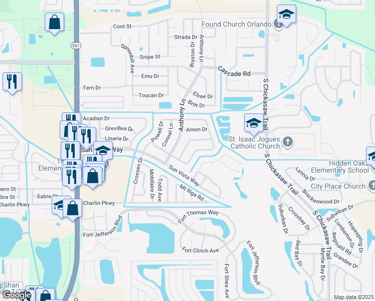 map of restaurants, bars, coffee shops, grocery stores, and more near 8130 Cyers Lane in Orlando