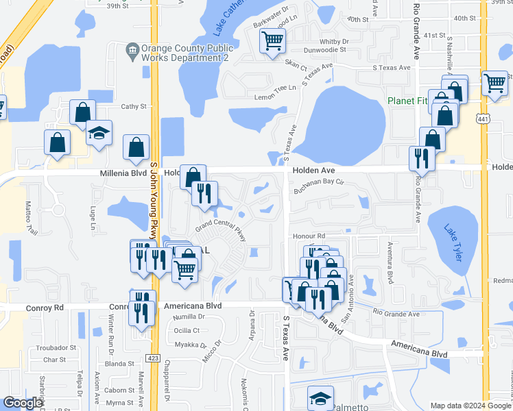 map of restaurants, bars, coffee shops, grocery stores, and more near 2226 Metropolitan Way in Orlando