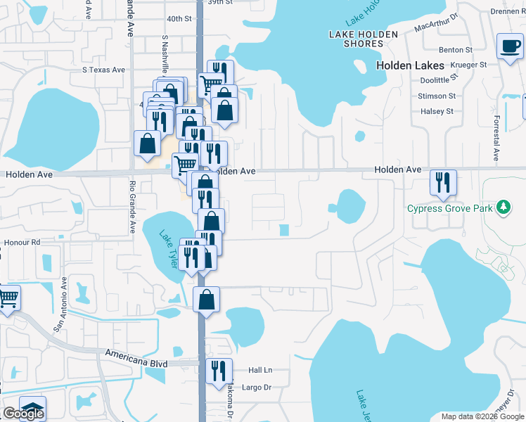 map of restaurants, bars, coffee shops, grocery stores, and more near 1146 Center Grove Street in Orlando