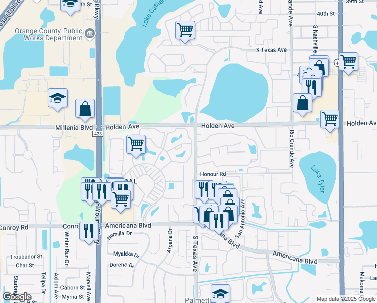 map of restaurants, bars, coffee shops, grocery stores, and more near 5100 Park Central Drive in Orlando
