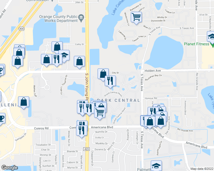 map of restaurants, bars, coffee shops, grocery stores, and more near 5131 City Street in Orlando