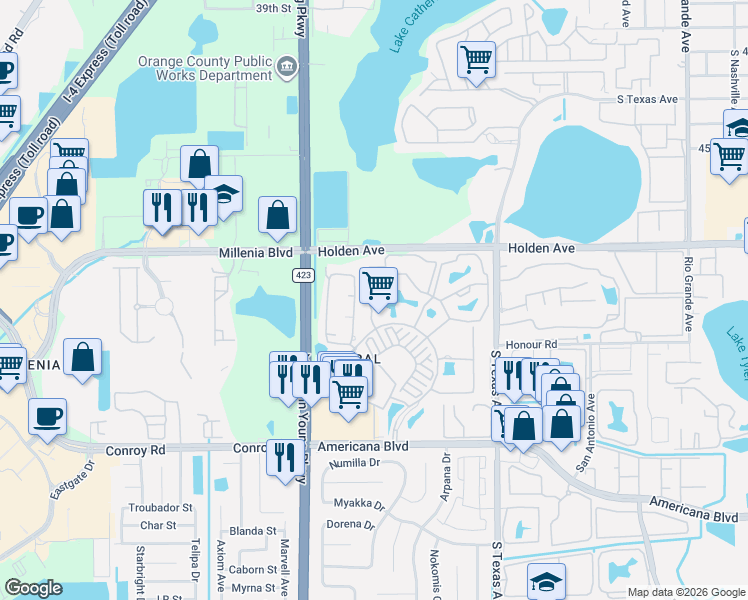map of restaurants, bars, coffee shops, grocery stores, and more near 5131 City Street in Orlando