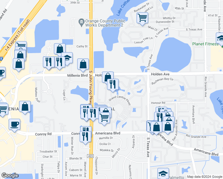 map of restaurants, bars, coffee shops, grocery stores, and more near 5131 City Street in Orlando