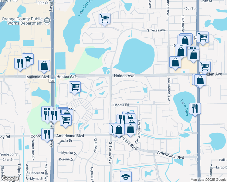 map of restaurants, bars, coffee shops, grocery stores, and more near 5100 Park Central Drive in Orlando