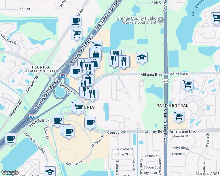 map of restaurants, bars, coffee shops, grocery stores, and more near 4858 Matteo Trail in Orlando