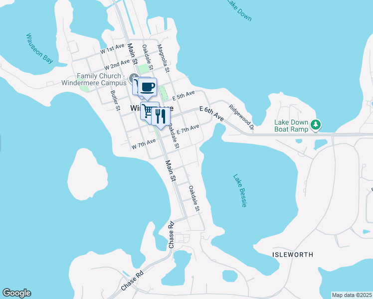 map of restaurants, bars, coffee shops, grocery stores, and more near 735 Oakdale Street in Windermere