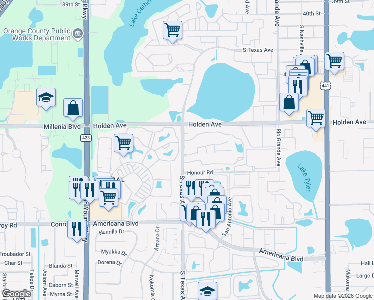 map of restaurants, bars, coffee shops, grocery stores, and more near 5100 Park Central Drive in Orlando