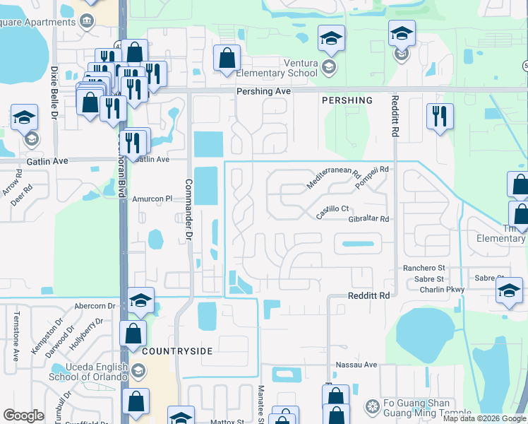 map of restaurants, bars, coffee shops, grocery stores, and more near 6680 Pompeii Road in Orlando