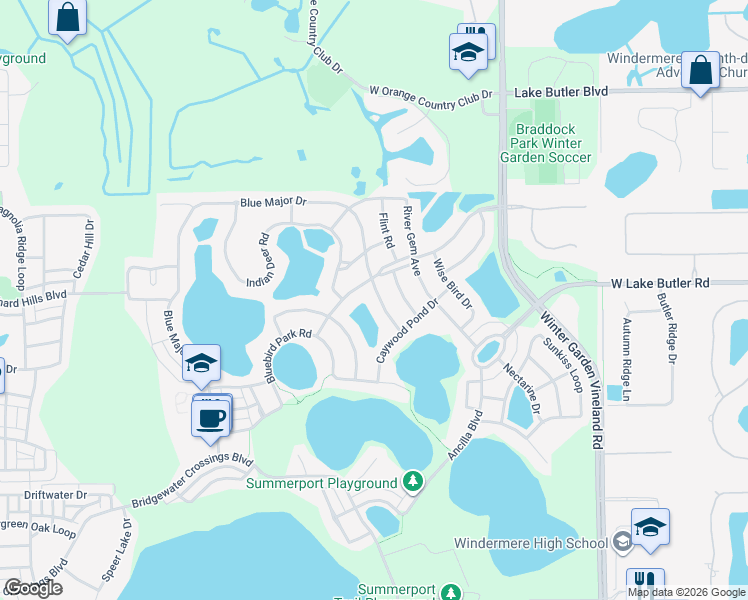map of restaurants, bars, coffee shops, grocery stores, and more near 5024 Blue Major Drive in Windermere