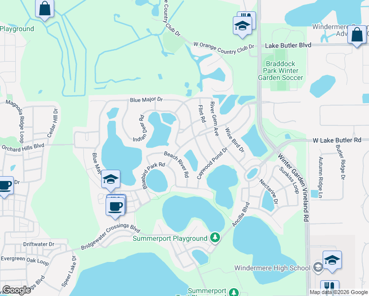 map of restaurants, bars, coffee shops, grocery stores, and more near 13950 Bluebird Pond Road in Windermere