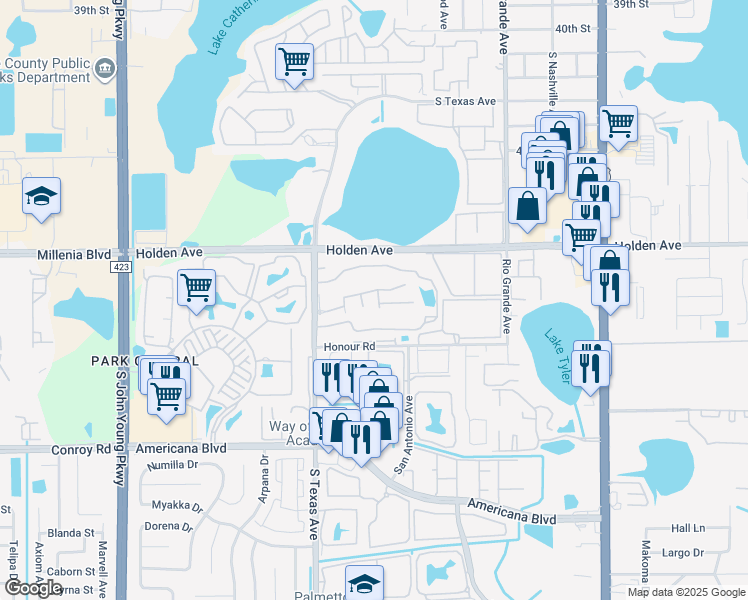 map of restaurants, bars, coffee shops, grocery stores, and more near 4789 South Texas Avenue in Orlando
