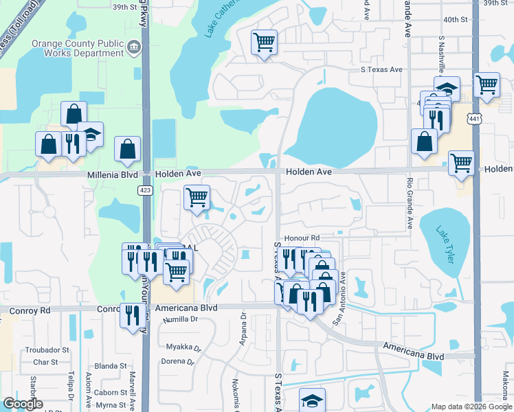 map of restaurants, bars, coffee shops, grocery stores, and more near 2226 Metropolitan Way in Orlando