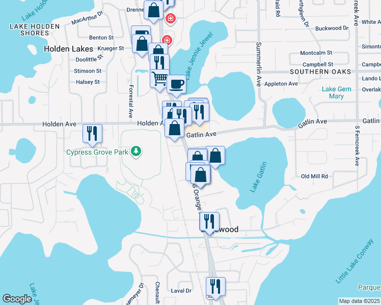 map of restaurants, bars, coffee shops, grocery stores, and more near 4861 South Orange Avenue in Orlando