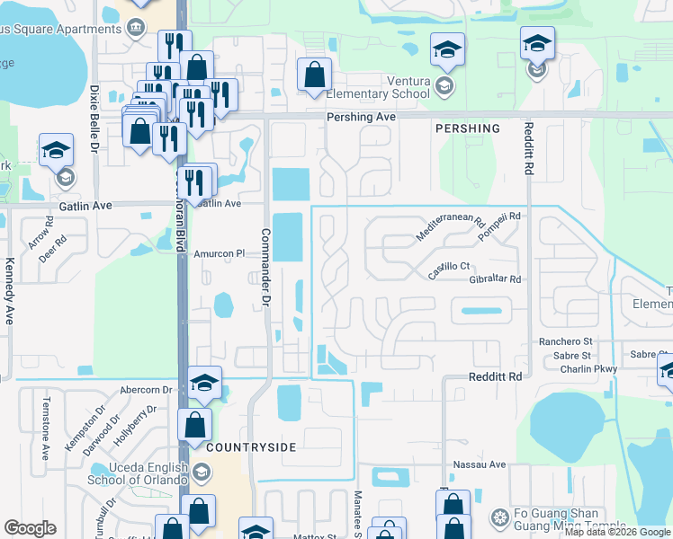 map of restaurants, bars, coffee shops, grocery stores, and more near 2868 Campfire Lane in Orlando