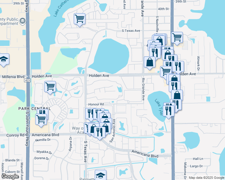 map of restaurants, bars, coffee shops, grocery stores, and more near 4767 South Texas Avenue in Orlando