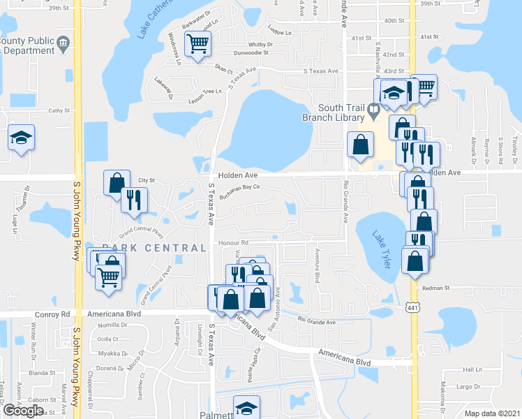 map of restaurants, bars, coffee shops, grocery stores, and more near 4785 South Texas Avenue in Orlando