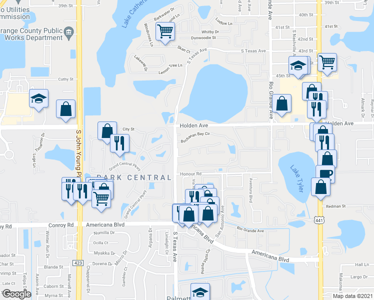 map of restaurants, bars, coffee shops, grocery stores, and more near 4713 South Texas Avenue in Orlando