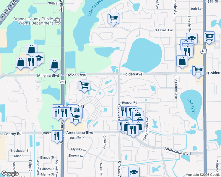 map of restaurants, bars, coffee shops, grocery stores, and more near 2226 Metropolitan Way in Orlando