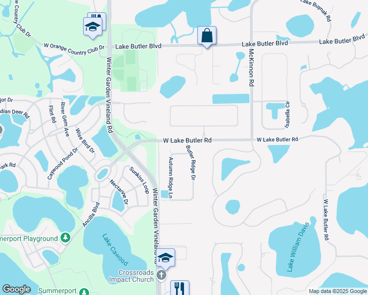 map of restaurants, bars, coffee shops, grocery stores, and more near 5000 Butler Ridge Drive in Windermere