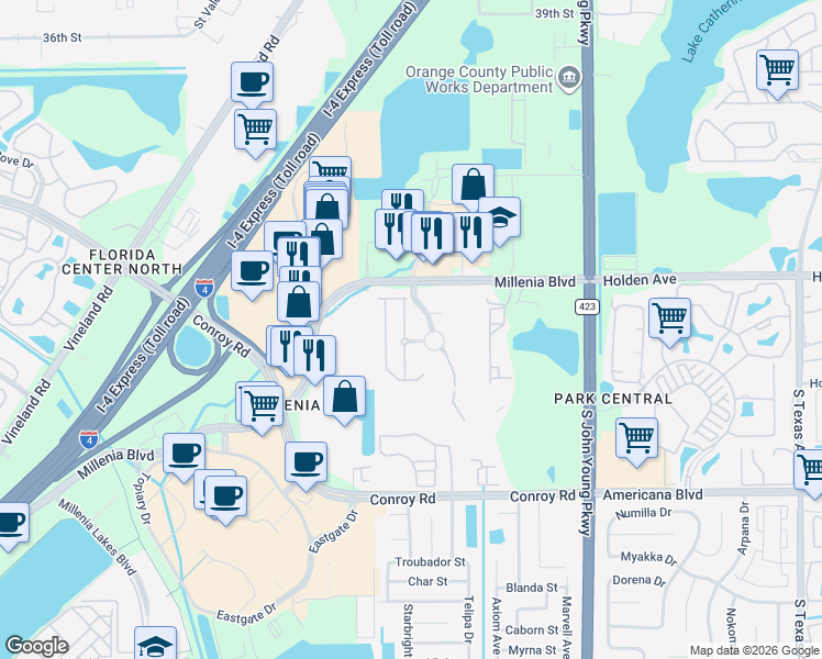 map of restaurants, bars, coffee shops, grocery stores, and more near 4855 Fiorazante Avenue in Orlando