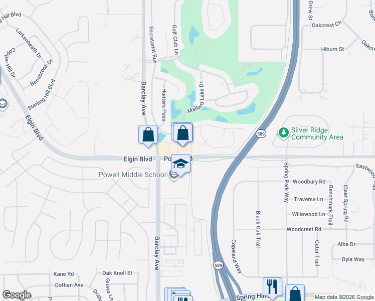 map of restaurants, bars, coffee shops, grocery stores, and more near 14271 Powell Rd in Spring Hill