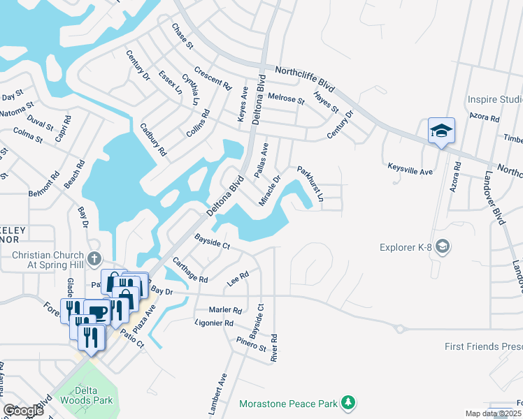 map of restaurants, bars, coffee shops, grocery stores, and more near 9378 Miracle Drive in Spring Hill