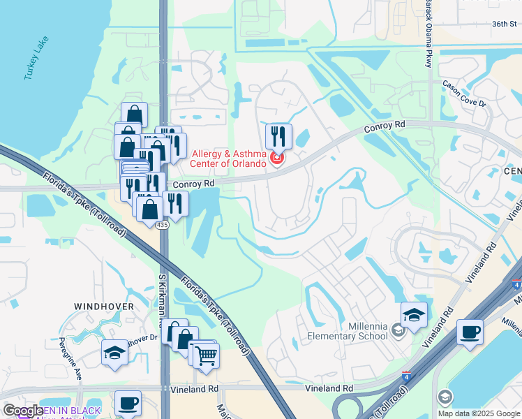 map of restaurants, bars, coffee shops, grocery stores, and more near 5313 Indian Creek Drive in Orlando