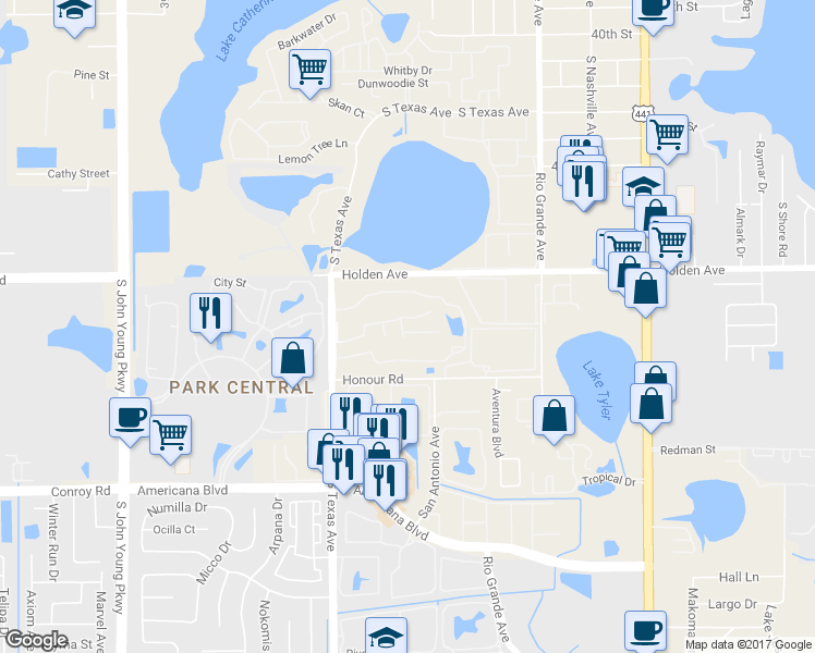map of restaurants, bars, coffee shops, grocery stores, and more near 4785 South Texas Avenue in Orlando