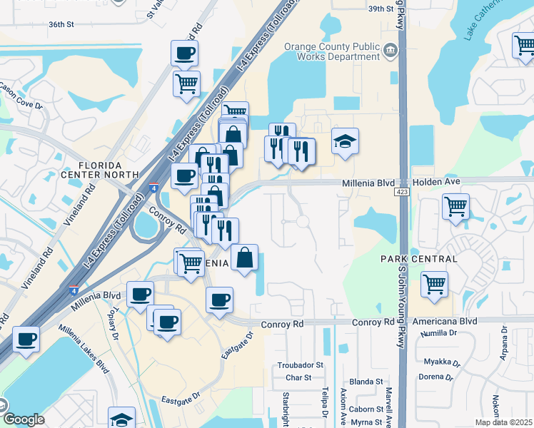 map of restaurants, bars, coffee shops, grocery stores, and more near 4858 Matteo Trail in Orlando