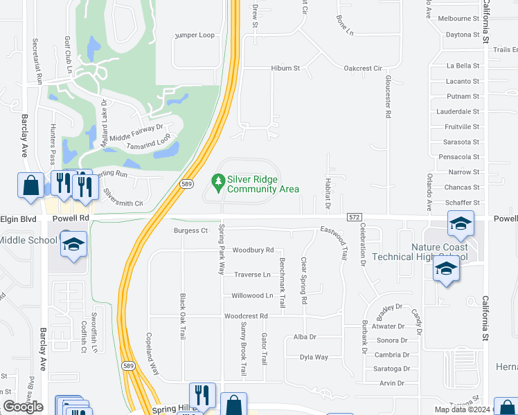 map of restaurants, bars, coffee shops, grocery stores, and more near 15240 Durango Circle in Brooksville