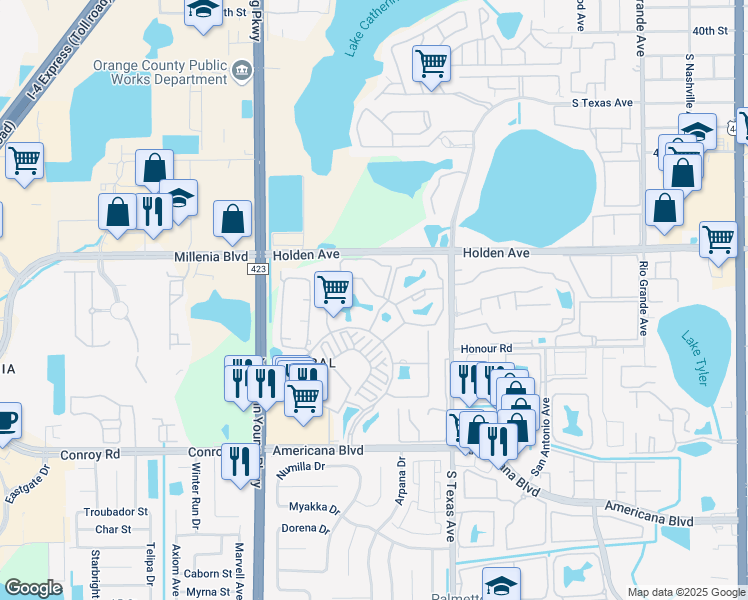map of restaurants, bars, coffee shops, grocery stores, and more near 2302 Mid Town Terrace in Orlando