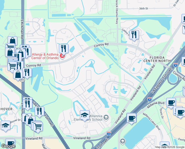 map of restaurants, bars, coffee shops, grocery stores, and more near 4984 Longmeadow Park Street in Orlando