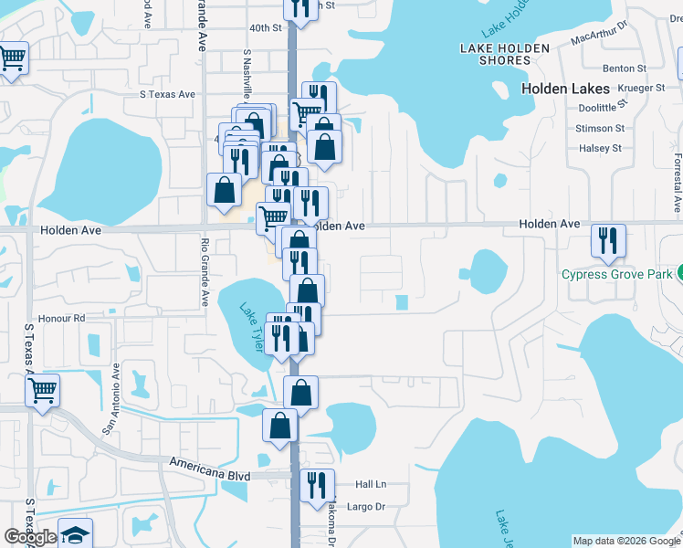 map of restaurants, bars, coffee shops, grocery stores, and more near 1200 Holden Avenue in Orlando