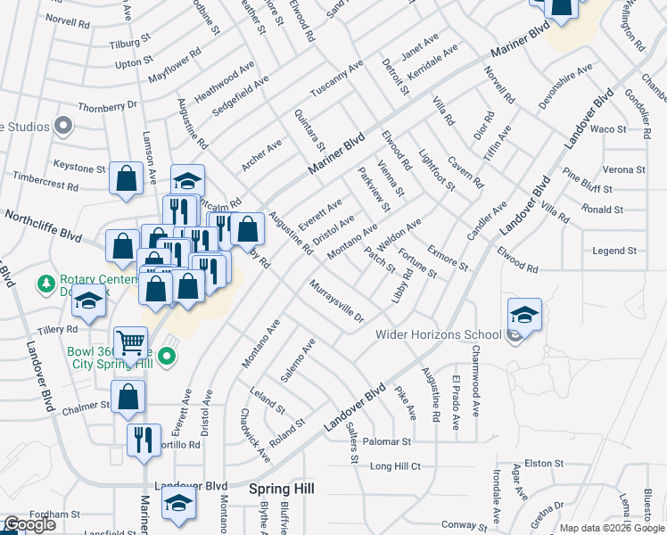 map of restaurants, bars, coffee shops, grocery stores, and more near 4246 Augustine Road in Spring Hill