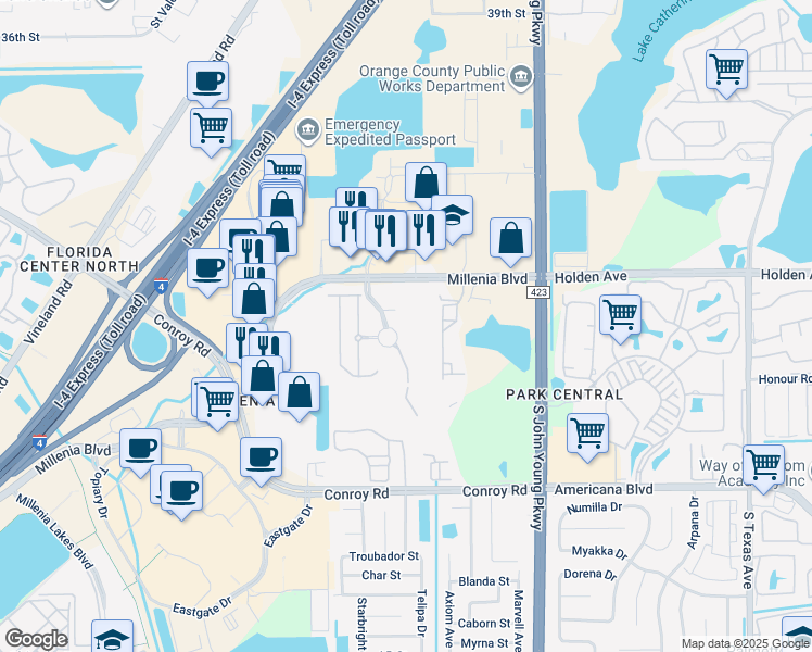 map of restaurants, bars, coffee shops, grocery stores, and more near 3757 Millenia Boulevard in Orlando