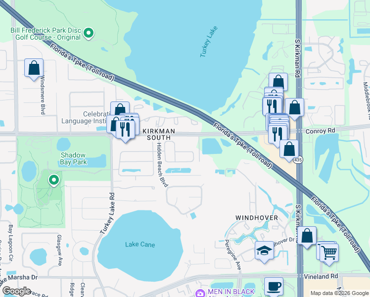 map of restaurants, bars, coffee shops, grocery stores, and more near 6391 Huntsville Street in Orlando