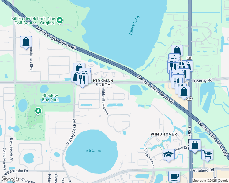 map of restaurants, bars, coffee shops, grocery stores, and more near 6391 Huntsville Street in Orlando