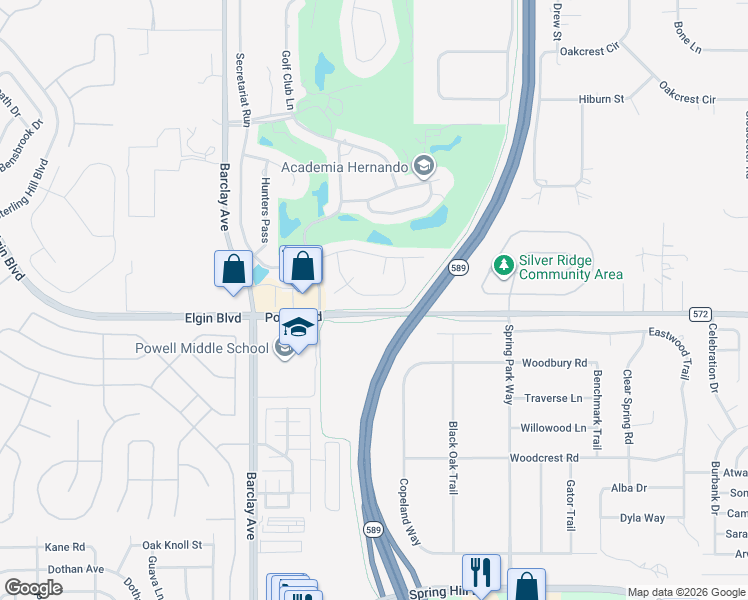 map of restaurants, bars, coffee shops, grocery stores, and more near 14530 Silversmith Circle in Brooksville