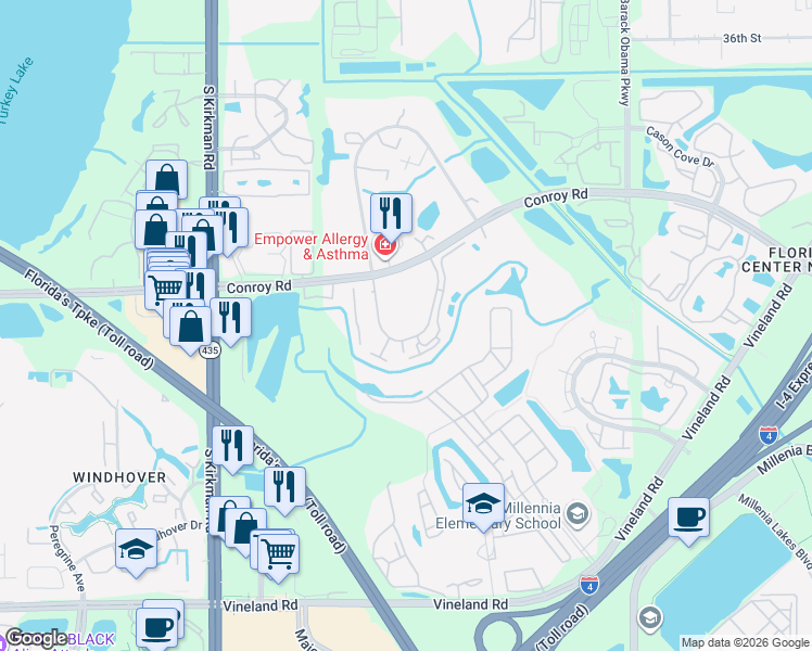 map of restaurants, bars, coffee shops, grocery stores, and more near 4897 Cypress Woods Drive in Orlando