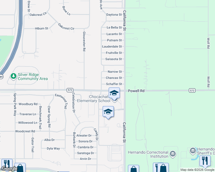 map of restaurants, bars, coffee shops, grocery stores, and more near 16092 Schaffer Street in Brooksville