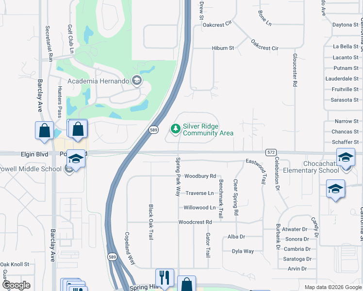 map of restaurants, bars, coffee shops, grocery stores, and more near 15114 Durango Circle in Brooksville