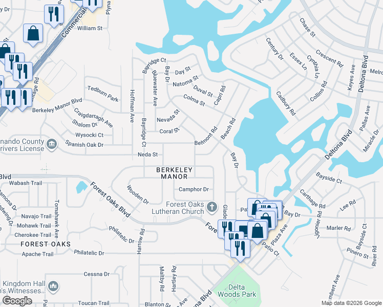 map of restaurants, bars, coffee shops, grocery stores, and more near 4211 Newton Road in Spring Hill