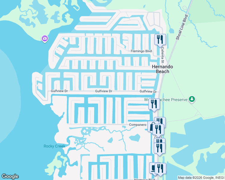 map of restaurants, bars, coffee shops, grocery stores, and more near 3393 Gulfview Drive in Hernando Beach