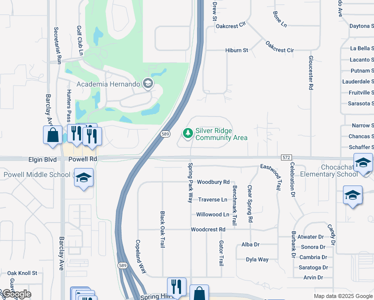 map of restaurants, bars, coffee shops, grocery stores, and more near 15850 Durango Circle in Brooksville