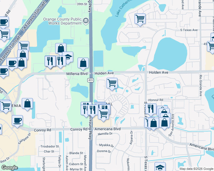 map of restaurants, bars, coffee shops, grocery stores, and more near 5073 Wellington Park Circle in Orlando