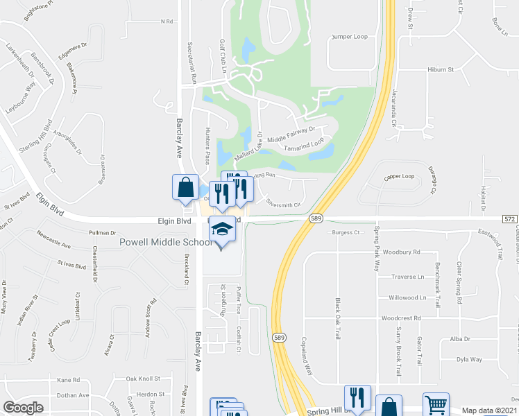 map of restaurants, bars, coffee shops, grocery stores, and more near 4178 Silver Fox Drive in Spring Hill