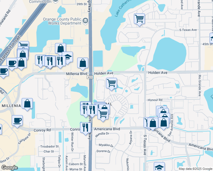 map of restaurants, bars, coffee shops, grocery stores, and more near 5132 City Street in Orlando